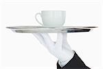 Silver tray with cup of coffee held by waiter