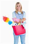 Maid holding a pink bucket in the white background