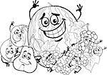 Black and White Cartoon Illustration of Funny Fruits Food Characters Group for Coloring Book for Children