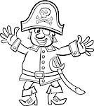 Black and White Cartoon Illustration of Funny Pirate Captain with Eye Patch and Jolly Roger for Coloring Book for Children