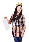 College pretty girl wearing a crown, holding a list of paper, white background