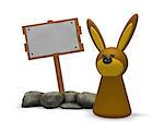 rabbit token and blank wooden sign - 3d illustration