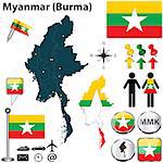 Vector of Myanmar set with detailed country shape with region borders, flags and icons