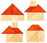 four abstract pictures of a house with a red roof built from seven tangram wooden pieces, a traditional Chinese puzzle game