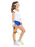 Happy female tennis player with racket and ball looking on copy space