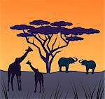 Two giraffes and two     elephants under a     large tree.
