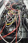 Interior of server with wires close up in data center