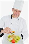 Portrait og male chef garnishing prepared meal over white background