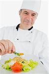 Portrait of male chef presenting fresh prepared meal over white background