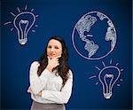 Thinking woman standing against a background