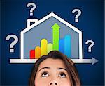 View of woman looking up at energy efficient house graphic with question and percentage marks