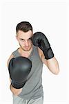 Portrait of young man in boxing stance over white background