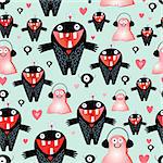 seamless pattern of funny love monsters on a light background with hearts