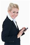 Portrait of young business woman using smartphone over white background