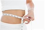 Closeup midsection of woman measuring waist over white background