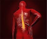 Red digital figure with highlighted back pain on dark background