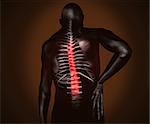 Black digital man with back pain and highlighted spine