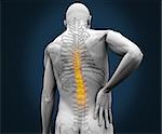Digital skeleton having pain on his back against a blue background