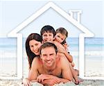 Smiling family on the beach with a white house illustration