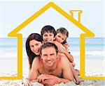 Smiling family on the beach with yellow house illustration