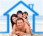 Smiling family on the beach with blue house illustration