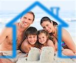 Happy family on a beach with blue house illustration