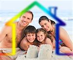 Happy family on a beach with colored house illustration