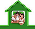 Smiling family in the green house illustration on white background