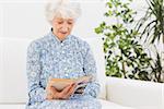 Elderly woman reading a old book on a sofa