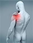 Digital human with highlighted shoulder pain on grey background