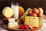 Several types of cheese, milk and eggs