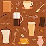 Seamless pattern with coffee related elements and text