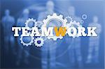 Teamwork text with wheels and cogs on blue digital background