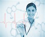 Doctor holding stethoscope up to red ECG line on chemical formula background