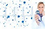 Blonde doctor holding up stethoscope with blue ECG line on blue and white background