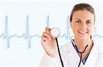 Doctor holding up stethoscope with blue ECG line on blue and white grid background
