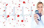 Blonde doctor holding up stethoscope to blue ECG line on red chemical formula background