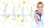 Blonde doctor holding up stethoscope to ECG line on yellow chemical formula background