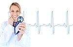 Blonde doctor holding up stethoscope on white background with blue ECG line