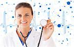Doctor holding up a stethoscope on background of blue ECG line and chemical formula