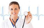 Smiling doctor holding up stethoscope on white background with blue ECG line