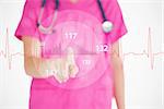 Nurse in pink scrubs touching red ECG line with figures on white background