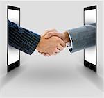Businessmen shaking hands from digital tablets on white background