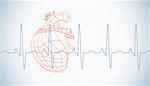 Drawn human heart and heart rate line on blue gird paper