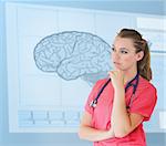 Nurse thinking in front of a futuristic interface about brain