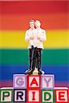 Gay groom cake topper on blocks spelling gay pride on rainbow background