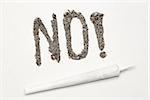 No with exclamation mark spelled out in ash with a joint on white background