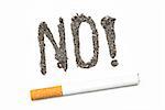 No with exclamation mark spelled out in ash with a joint with a cigarette on white background