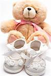 Teddy bear for a girl with white baby booties on white background