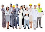 Diverse group of workers standing against white background